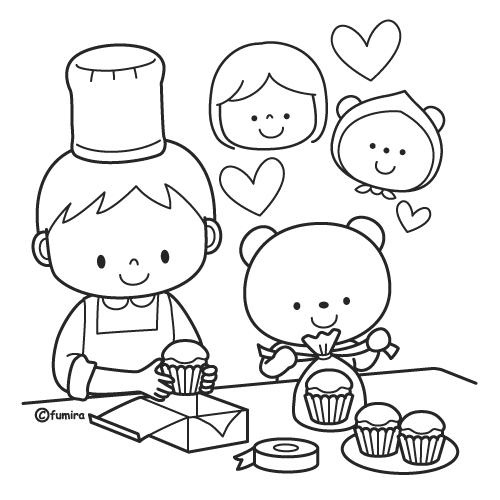 お菓子作り カップケーキを作る男の子とクマのイラスト モノクロ 子供と動物のイラスト屋さん わたなべふみ