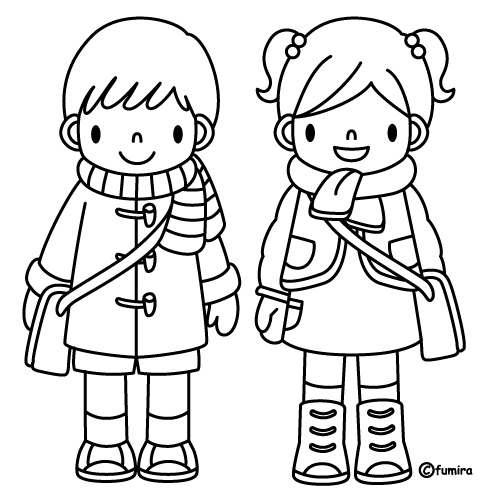 冬服を着た子どもたちのイラスト（ぬりえ） | 子供と動物のイラスト屋さん わたなべふみ