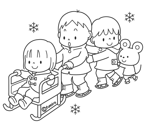 アイススケートをする子どもたちのイラスト（ぬりえ）