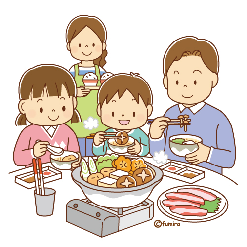 鍋を囲む親子のイラスト（ソフト）
