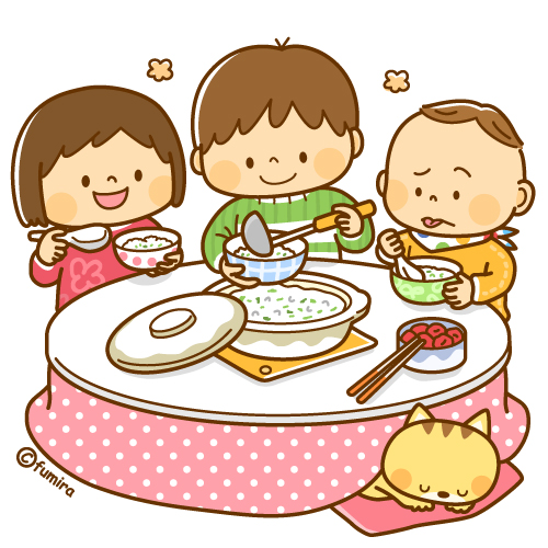 七草粥を食べる子どもたちのイラスト（ソフト）
