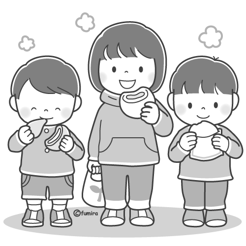 中華まんを食べている子どもたちのイラスト（モノクロ）