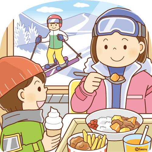 スキー場のイメージ・レストハウスで食事をする子どもたちと外を滑っている子どものイラスト（ソフト）